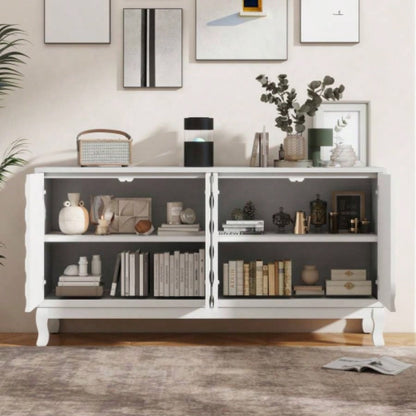 Elegant Sideboard Featuring Sophisticated Wavy Pattern Doors with Arched Groove Design in a Stylish Four - Door Layout, Adjustable, Suitable Study, Entryway and Living RoomWhite