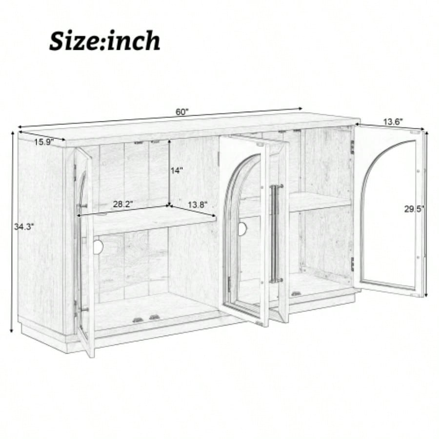 TREXM 4 - Door Large Storage Sideboard Buffet Cabinet with Glass Doors, Arched Cabinet with Adjustable Shelves Kitchen, Dining Room and Living Room Navy