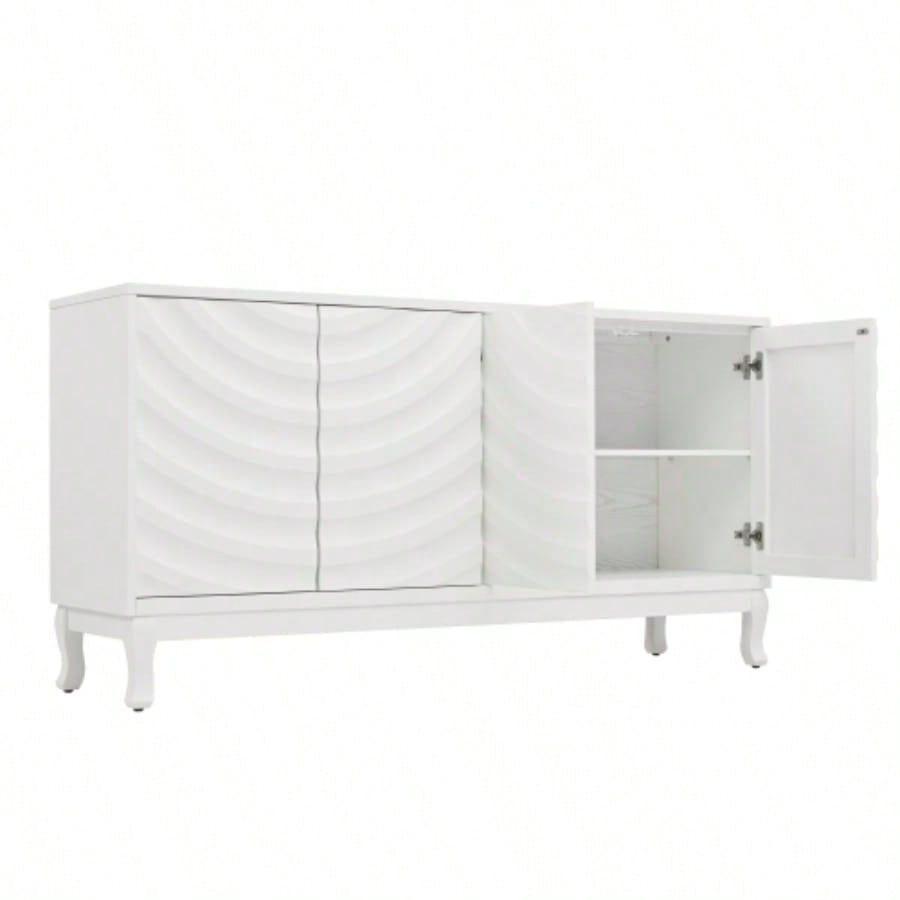 Elegant Sideboard Featuring Sophisticated Wavy Pattern Doors with Arched Groove Design in a Stylish Four - Door Layout, Adjustable, Suitable Study, Entryway and Living RoomWhite
