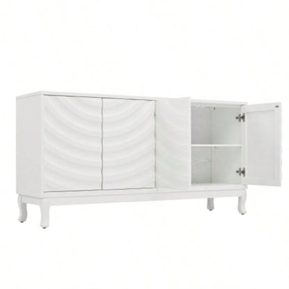 Elegant Sideboard Featuring Sophisticated Wavy Pattern Doors with Arched Groove Design in a Stylish Four - Door Layout, Adjustable, Suitable Study, Entryway and Living RoomWhite