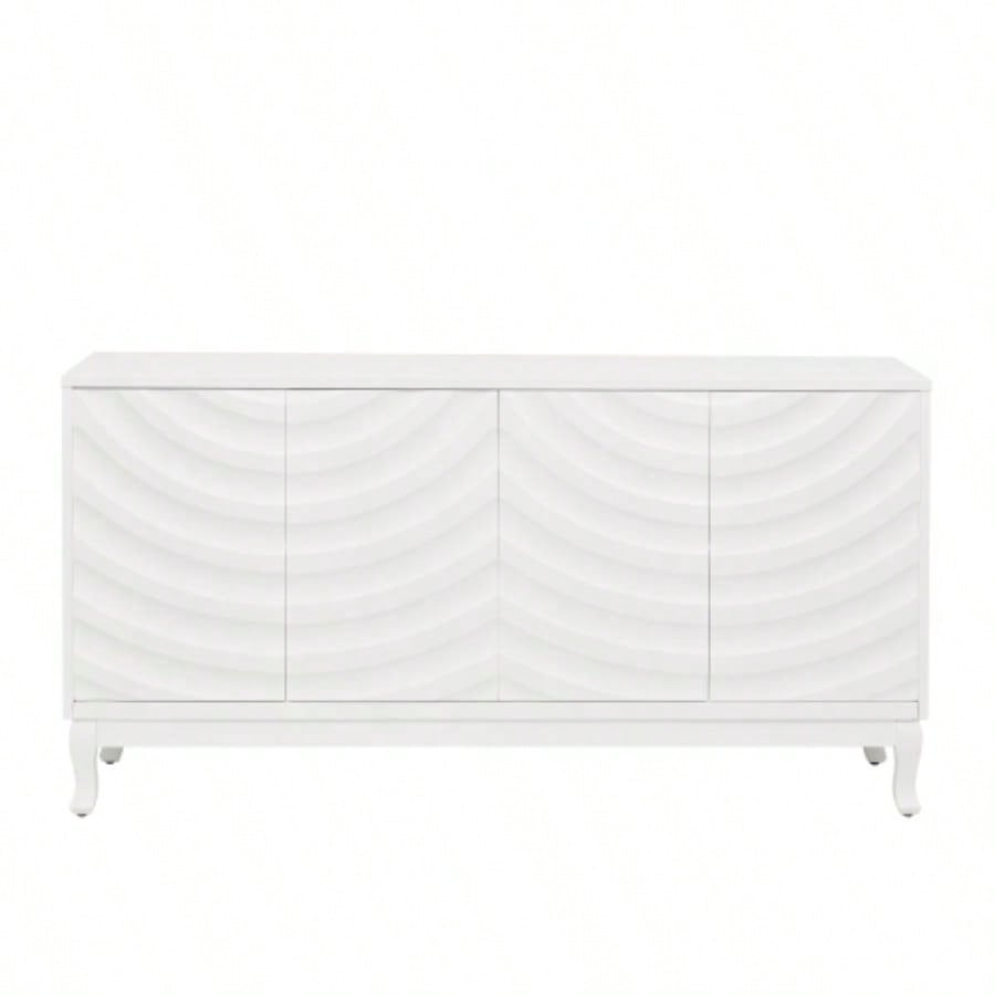 Elegant Sideboard Featuring Sophisticated Wavy Pattern Doors with Arched Groove Design in a Stylish Four - Door Layout, Adjustable, Suitable Study, Entryway and Living RoomWhite