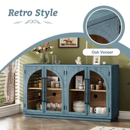 TREXM 4 - Door Large Storage Sideboard Buffet Cabinet with Glass Doors, Arched Cabinet with Adjustable Shelves Kitchen, Dining Room and Living Room Navy