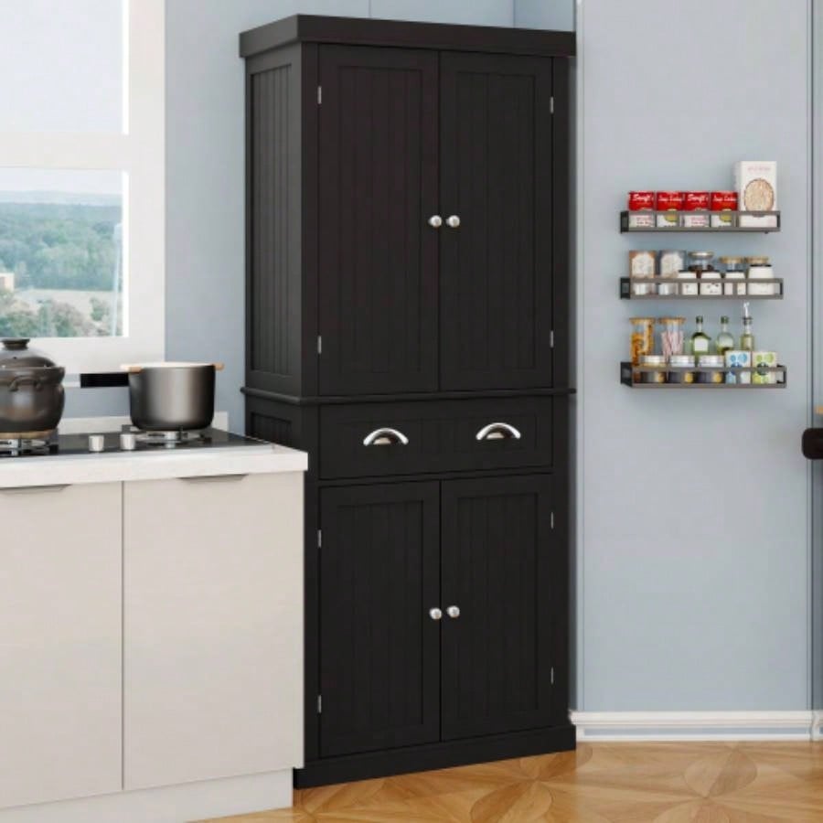 71 Kitchen Pantry Storage Cabinet, with 4 Doors, Drawer, 2 Adjustable Shelves, Freestanding Cupboard Dining Room Living Room, Laundry - Black