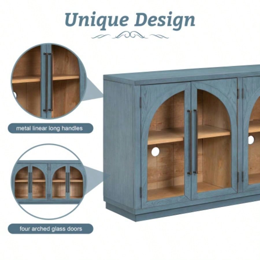 TREXM 4 - Door Large Storage Sideboard Buffet Cabinet with Glass Doors, Arched Cabinet with Adjustable Shelves Kitchen, Dining Room and Living Room Navy