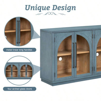 TREXM 4 - Door Large Storage Sideboard Buffet Cabinet with Glass Doors, Arched Cabinet with Adjustable Shelves Kitchen, Dining Room and Living Room Navy