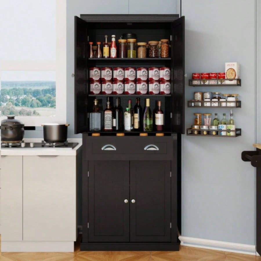 71 Kitchen Pantry Storage Cabinet, with 4 Doors, Drawer, 2 Adjustable Shelves, Freestanding Cupboard Dining Room Living Room, Laundry - Black