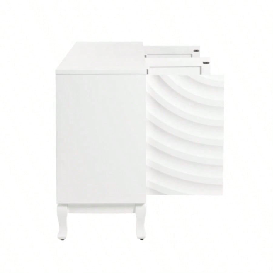 Elegant Sideboard Featuring Sophisticated Wavy Pattern Doors with Arched Groove Design in a Stylish Four - Door Layout, Adjustable, Suitable Study, Entryway and Living RoomWhite