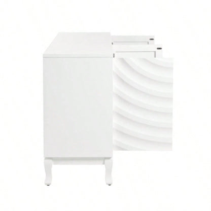 Elegant Sideboard Featuring Sophisticated Wavy Pattern Doors with Arched Groove Design in a Stylish Four - Door Layout, Adjustable, Suitable Study, Entryway and Living RoomWhite