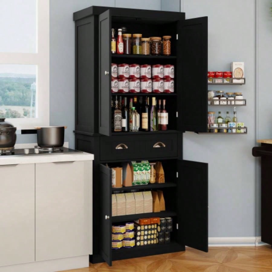 71 Kitchen Pantry Storage Cabinet, with 4 Doors, Drawer, 2 Adjustable Shelves, Freestanding Cupboard Dining Room Living Room, Laundry - Black