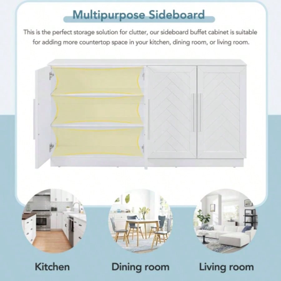 TREXM Sideboard Buffet Cabinet with Storage, Buffet Cabinet with Adjustable Shelves and Silver Handles Sideboard Cabinet Kitchen, Dining Room, Living Room, White