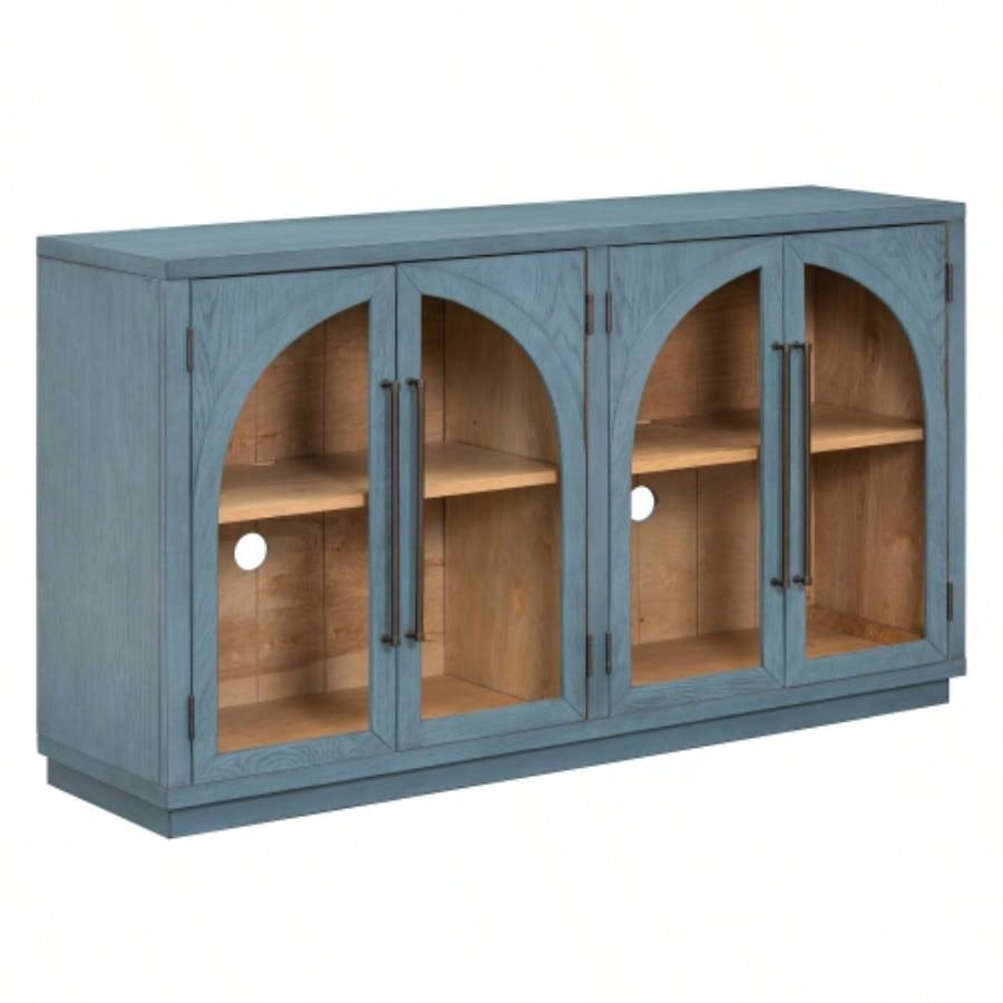 TREXM 4 - Door Large Storage Sideboard Buffet Cabinet with Glass Doors, Arched Cabinet with Adjustable Shelves Kitchen, Dining Room and Living Room Navy