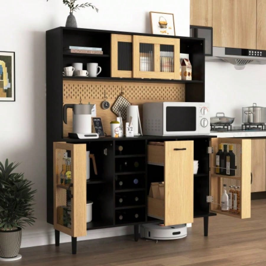 59 H Buffet Sideboard Cabinet with Storage Door Power Outlet, Farmhouse Coffee Bar Cabinet with Wine Rack, Kitchen Pantry Living Room BlackNatural