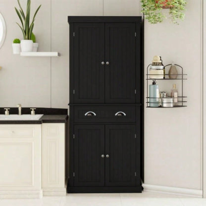 71 Kitchen Pantry Storage Cabinet, with 4 Doors, Drawer, 2 Adjustable Shelves, Freestanding Cupboard Dining Room Living Room, Laundry - Black