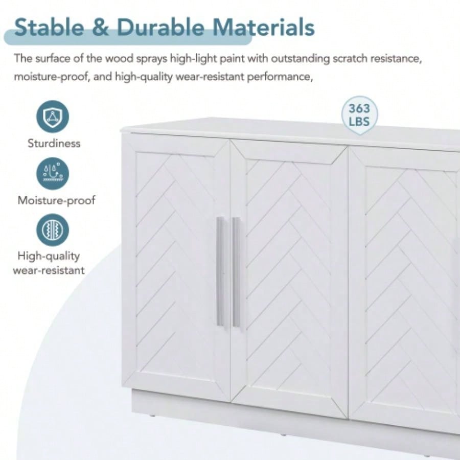 TREXM Sideboard Buffet Cabinet with Storage, Buffet Cabinet with Adjustable Shelves and Silver Handles Sideboard Cabinet Kitchen, Dining Room, Living Room, White