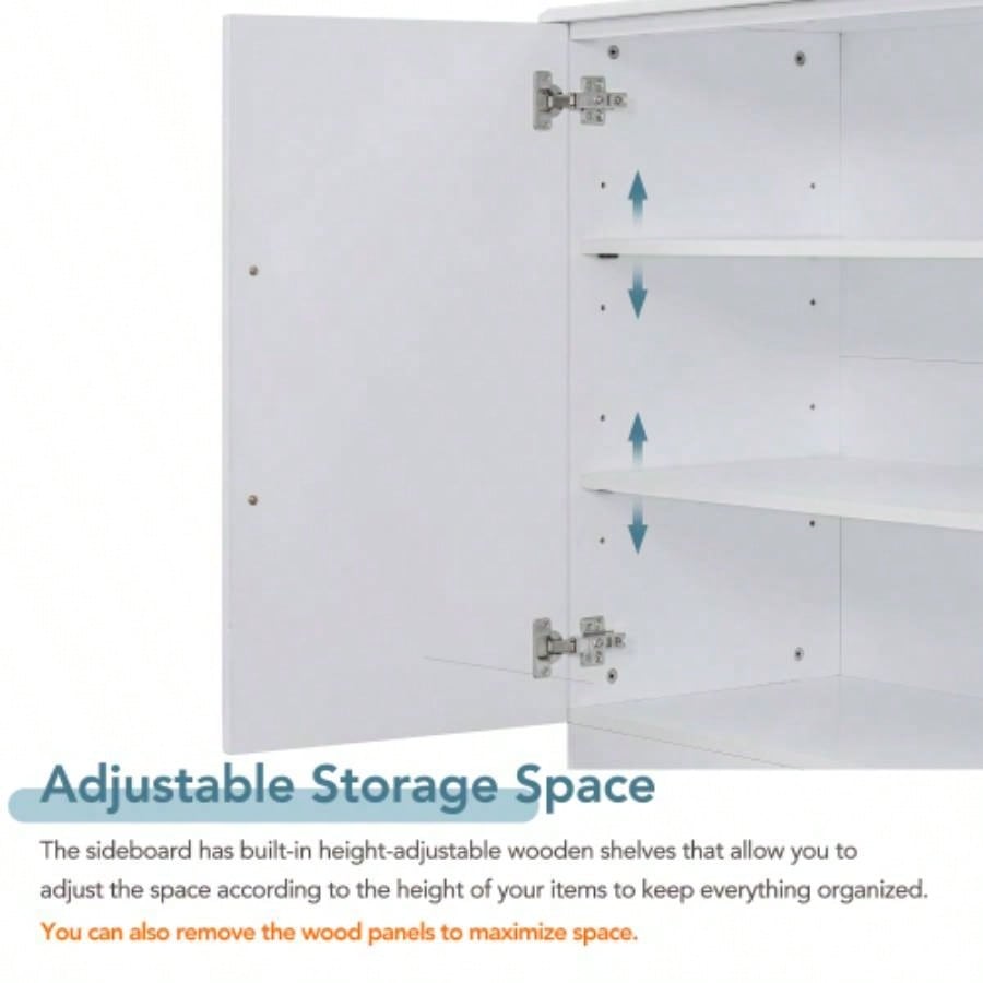 TREXM Sideboard Buffet Cabinet with Storage, Buffet Cabinet with Adjustable Shelves and Silver Handles Sideboard Cabinet Kitchen, Dining Room, Living Room, White