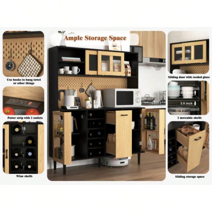 59 H Buffet Sideboard Cabinet with Storage Door Power Outlet, Farmhouse Coffee Bar Cabinet with Wine Rack, Kitchen Pantry Living Room BlackNatural