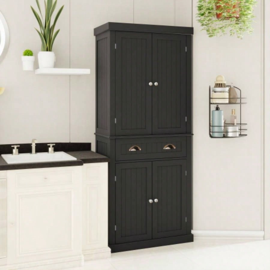 71 Kitchen Pantry Storage Cabinet, with 4 Doors, Drawer, 2 Adjustable Shelves, Freestanding Cupboard Dining Room Living Room, Laundry - Black