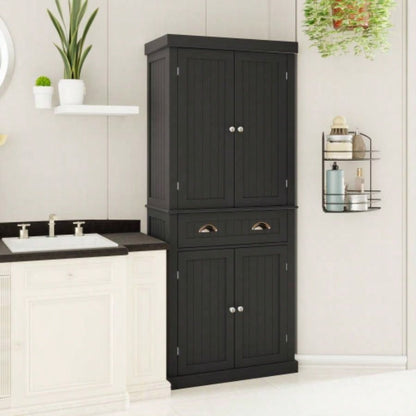 71 Kitchen Pantry Storage Cabinet, with 4 Doors, Drawer, 2 Adjustable Shelves, Freestanding Cupboard Dining Room Living Room, Laundry - Black