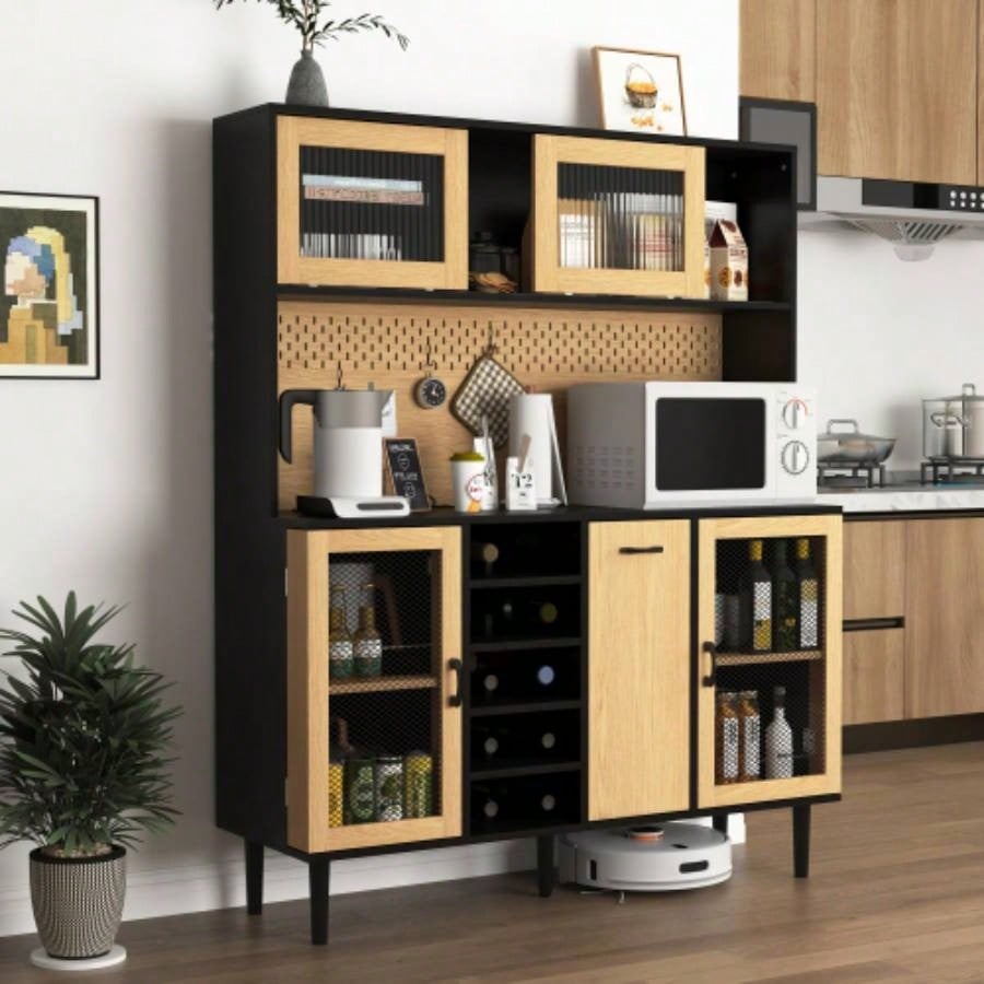 59 H Buffet Sideboard Cabinet with Storage Door Power Outlet, Farmhouse Coffee Bar Cabinet with Wine Rack, Kitchen Pantry Living Room BlackNatural