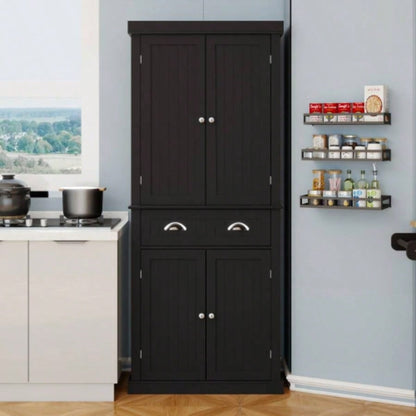 71 Kitchen Pantry Storage Cabinet, with 4 Doors, Drawer, 2 Adjustable Shelves, Freestanding Cupboard Dining Room Living Room, Laundry - Black