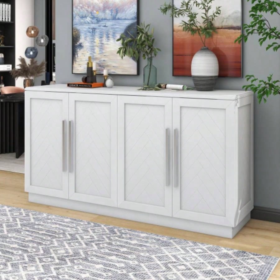 TREXM Sideboard Buffet Cabinet with Storage, Buffet Cabinet with Adjustable Shelves and Silver Handles Sideboard Cabinet Kitchen, Dining Room, Living Room, White