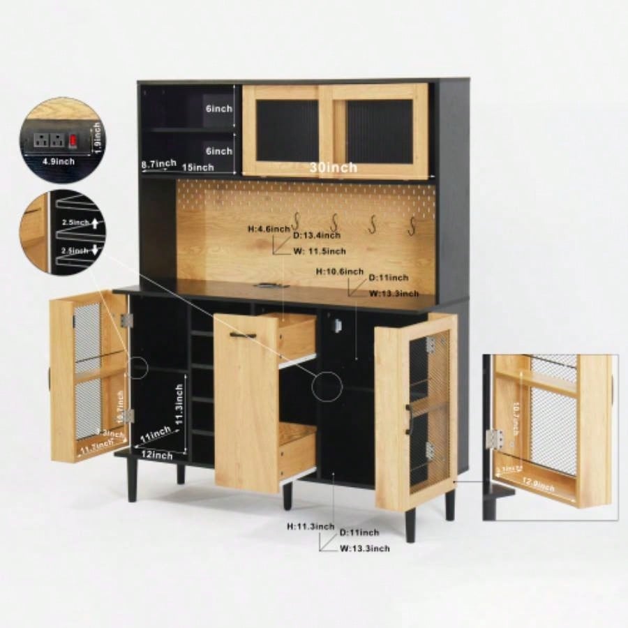 59 H Buffet Sideboard Cabinet with Storage Door Power Outlet, Farmhouse Coffee Bar Cabinet with Wine Rack, Kitchen Pantry Living Room BlackNatural