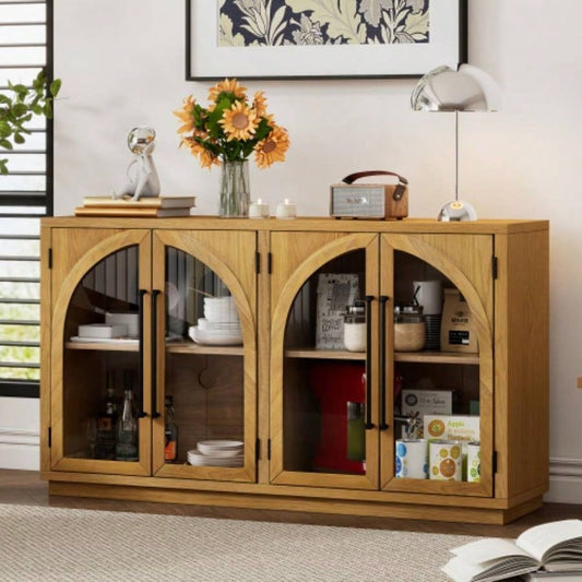 TREXM 4 - Door Large Storage Sideboard Buffet Cabinet with Glass Doors, Arched Cabinet with Adjustable Shelves Kitchen, Dining Room and Living Room Natural Wood
