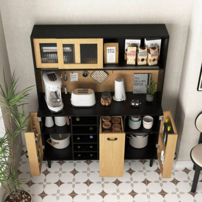 59 H Buffet Sideboard Cabinet with Storage Door Power Outlet, Farmhouse Coffee Bar Cabinet with Wine Rack, Kitchen Pantry Living Room BlackNatural
