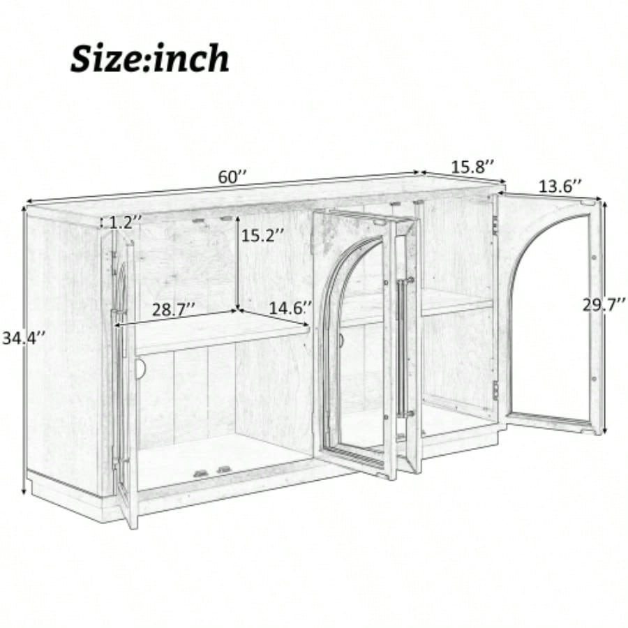 TREXM 4 - Door Large Storage Sideboard Buffet Cabinet with Glass Doors, Arched Cabinet with Adjustable Shelves Kitchen, Dining Room and Living Room Espresso