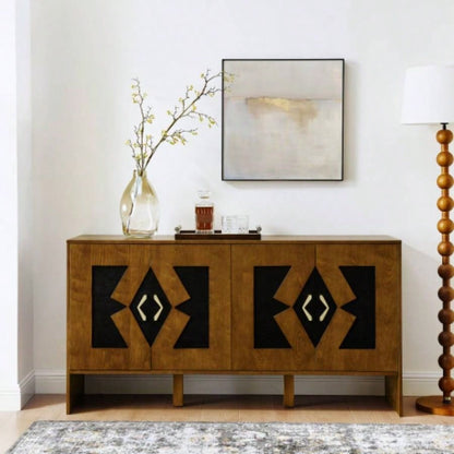 60 Mid Modern Sideboard Buffet Cabinet with Storage, TV Media Console, Storage Cabinet with Geometric Pattern Adjustable Shelves Kitchen Dining Living Room Entryway Hallway, Walnut