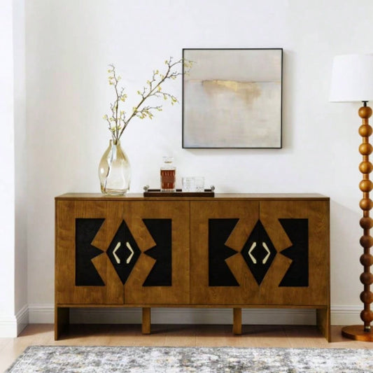 60 Mid Modern Sideboard Buffet Cabinet with Storage, TV Media Console, Storage Cabinet with Geometric Pattern Adjustable Shelves Kitchen Dining Living Room Entryway Hallway, Walnut