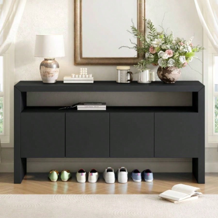 UStyle 60 4 - Door Sideboard, Modern Minimalist Solid Wood Veneer Sideboard with Open Shelf, Natural Wood Grain, Large Capacity Storage Console Living Room, Hallway, Dining Black/Natural