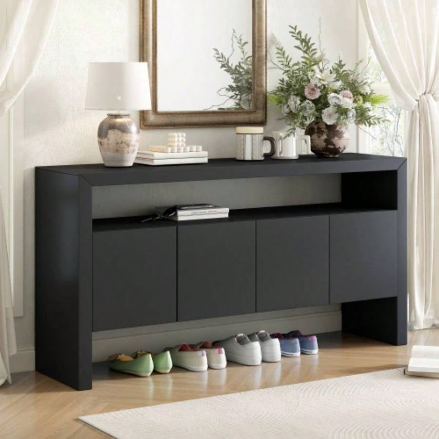 UStyle 60 4 - Door Sideboard, Modern Minimalist Solid Wood Veneer Sideboard with Open Shelf, Natural Wood Grain, Large Capacity Storage Console Living Room, Hallway, Dining Black/Natural