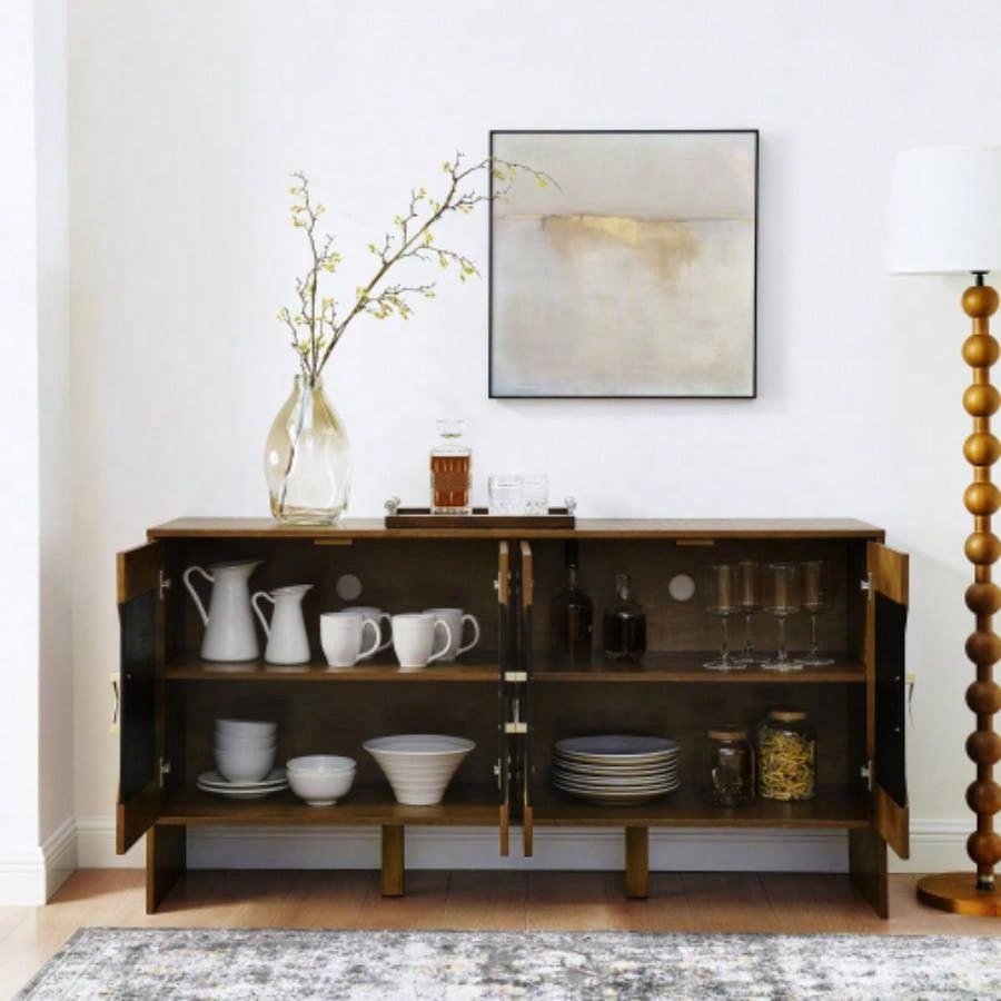 60 Mid Modern Sideboard Buffet Cabinet with Storage, TV Media Console, Storage Cabinet with Geometric Pattern Adjustable Shelves Kitchen Dining Living Room Entryway Hallway, Walnut