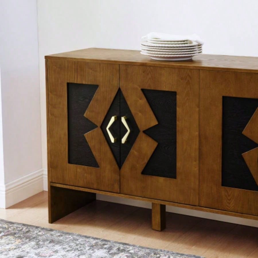 60 Mid Modern Sideboard Buffet Cabinet with Storage, TV Media Console, Storage Cabinet with Geometric Pattern Adjustable Shelves Kitchen Dining Living Room Entryway Hallway, Walnut