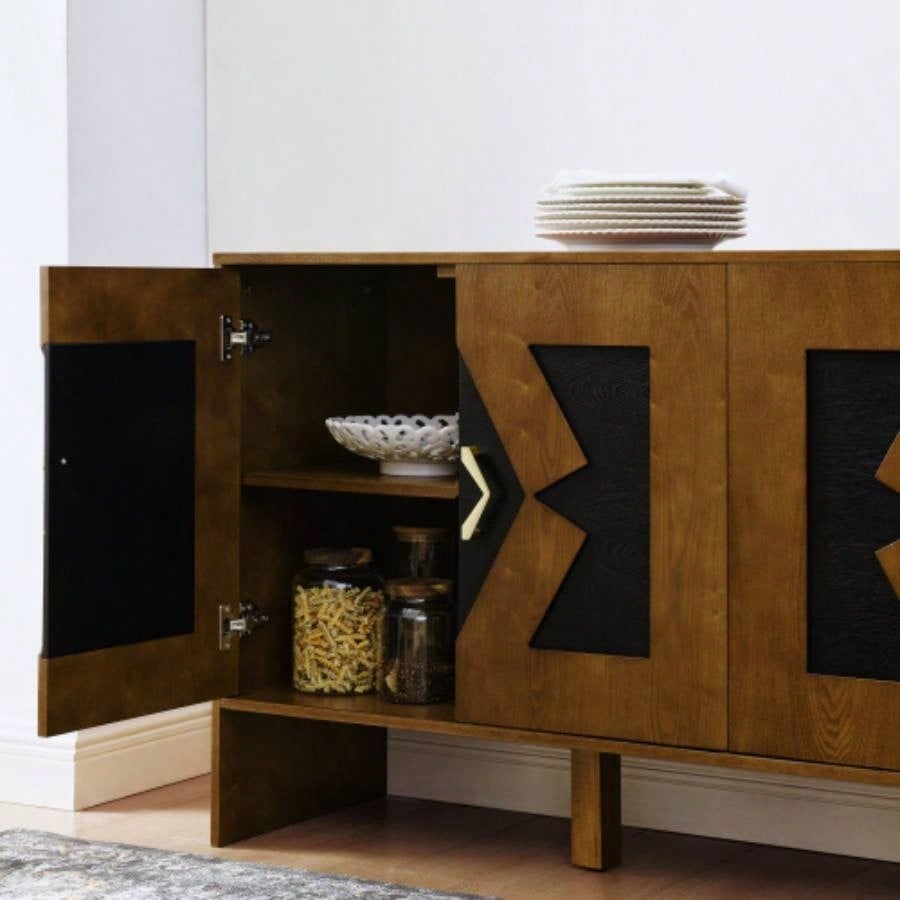 60 Mid Modern Sideboard Buffet Cabinet with Storage, TV Media Console, Storage Cabinet with Geometric Pattern Adjustable Shelves Kitchen Dining Living Room Entryway Hallway, Walnut