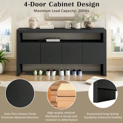 UStyle 60 4 - Door Sideboard, Modern Minimalist Solid Wood Veneer Sideboard with Open Shelf, Natural Wood Grain, Large Capacity Storage Console Living Room, Hallway, Dining Black/Natural