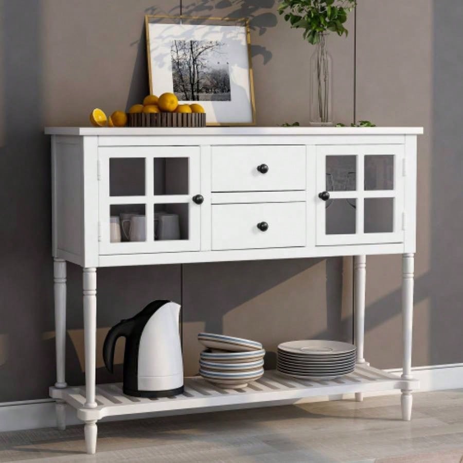 TREXM Sideboard Console Table with Bottom Shelf, Farmhouse Wood/Glass Buffet Storage Cabinet Living Room White
