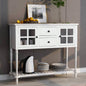 TREXM Sideboard Console Table with Bottom Shelf, Farmhouse Wood/Glass Buffet Storage Cabinet Living Room White