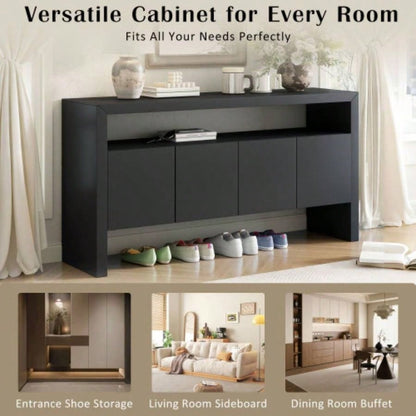 UStyle 60 4 - Door Sideboard, Modern Minimalist Solid Wood Veneer Sideboard with Open Shelf, Natural Wood Grain, Large Capacity Storage Console Living Room, Hallway, Dining Black/Natural