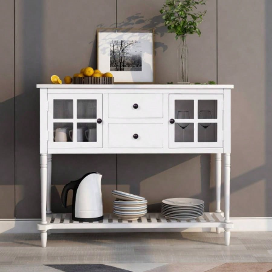 TREXM Sideboard Console Table with Bottom Shelf, Farmhouse Wood/Glass Buffet Storage Cabinet Living Room White