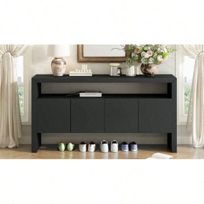 UStyle 60 4 - Door Sideboard, Modern Minimalist Solid Wood Veneer Sideboard with Open Shelf, Natural Wood Grain, Large Capacity Storage Console Living Room, Hallway, Dining Black/Natural