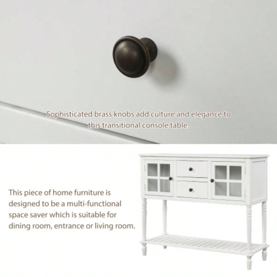 TREXM Sideboard Console Table with Bottom Shelf, Farmhouse Wood/Glass Buffet Storage Cabinet Living Room White