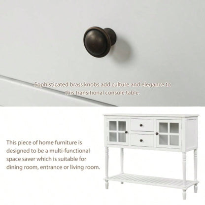 TREXM Sideboard Console Table with Bottom Shelf, Farmhouse Wood/Glass Buffet Storage Cabinet Living Room White