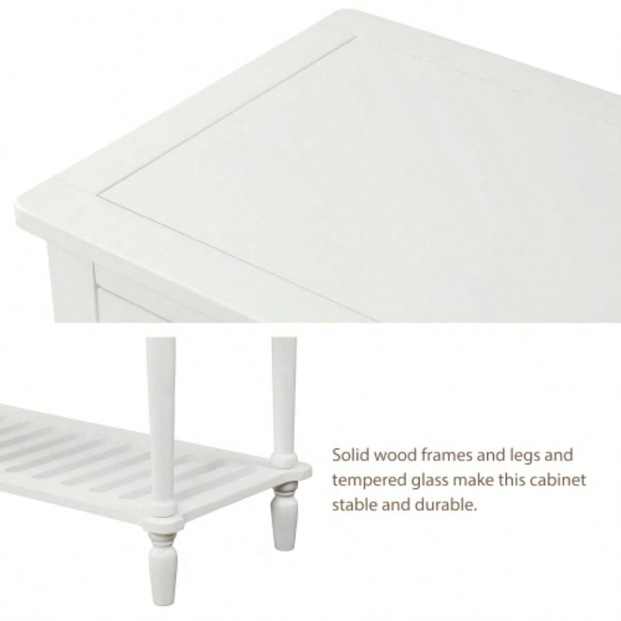 TREXM Sideboard Console Table with Bottom Shelf, Farmhouse Wood/Glass Buffet Storage Cabinet Living Room White