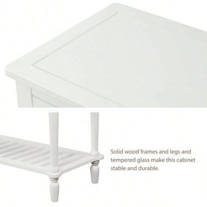 TREXM Sideboard Console Table with Bottom Shelf, Farmhouse Wood/Glass Buffet Storage Cabinet Living Room White