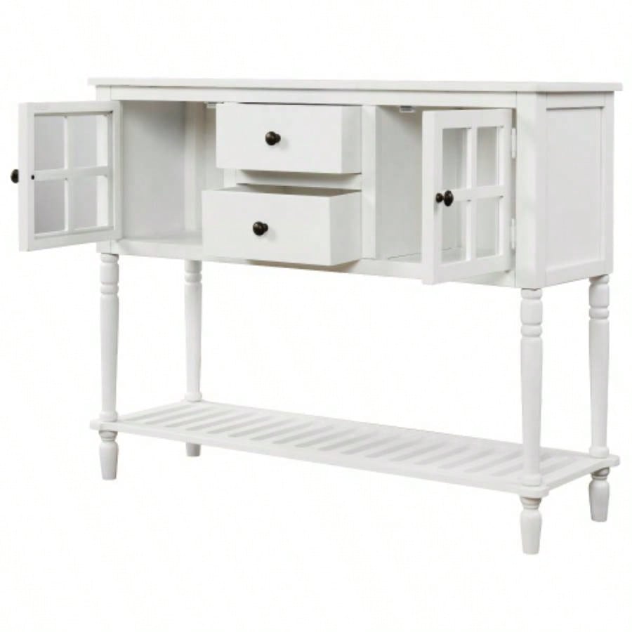 TREXM Sideboard Console Table with Bottom Shelf, Farmhouse Wood/Glass Buffet Storage Cabinet Living Room White