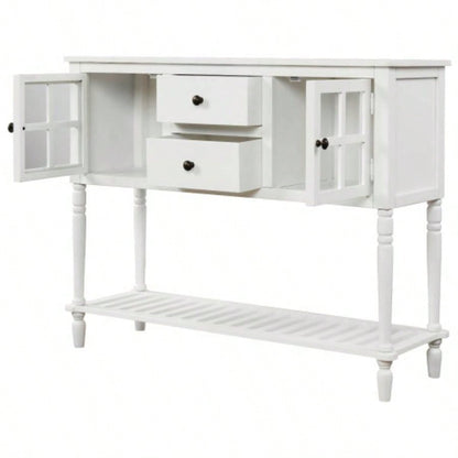 TREXM Sideboard Console Table with Bottom Shelf, Farmhouse Wood/Glass Buffet Storage Cabinet Living Room White