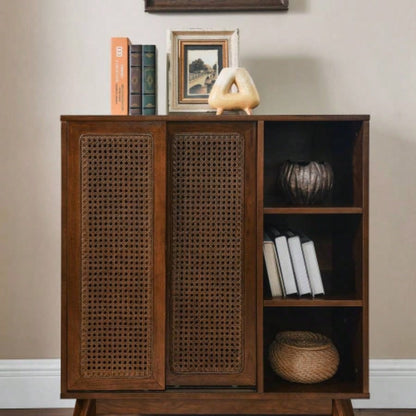 Mid Modern Rattan Sideboard Cabinet, Buffet Cabinet Entryway Hallway Living Room Kitchen Dining Room, Adjustable Shelf Solid Wood Feet Rattan Cabinet Doors - Dark Wood