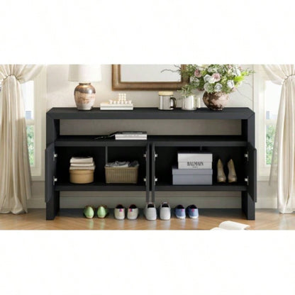 UStyle 60 4 - Door Sideboard, Modern Minimalist Solid Wood Veneer Sideboard with Open Shelf, Natural Wood Grain, Large Capacity Storage Console Living Room, Hallway, Dining Black/Natural